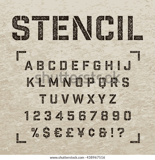 Stencil-plate alphabet with imprint effect.\
Straight stencil letters with numbers. Stamp stencil letters for\
print design.