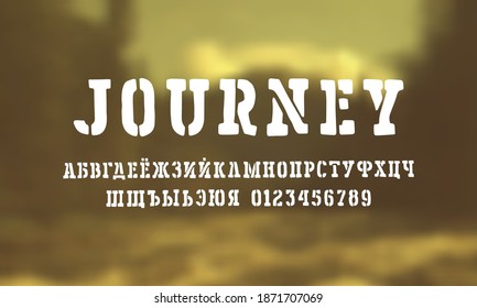 Stencil-plate cyrillic serif font in the style of handmade graphic. Letters and numbers for logo and emblem design. White print on blurred background