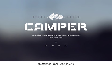 Stencil-plate cyrillic wide sans serif font in military style. Letters and numbers for strong logo and emblem design. Print on blurred background. Vector illustration