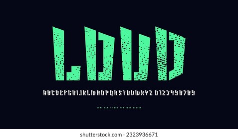 Stencil-plate decorative sans serif font. Letters and numbers with rough texture for emblem and logo design 