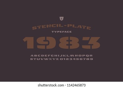 Stencil-plate extended sans serif font. Letters and numbers for logo and t-shirt design. Color print on dark background