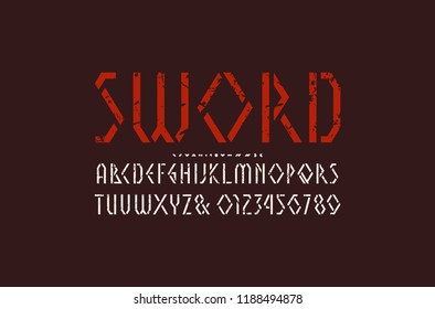 Stencil-plate geometric sans serif font. Letters and numbers with vintage texture for logo and emblem design. Color print on black background