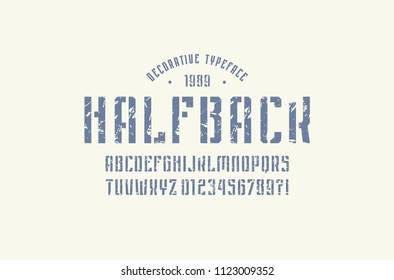 Stencil-plate narrow sans serif font in sport style. Letters and numbers with rough texture for logo and emblem design. Blue print on white background