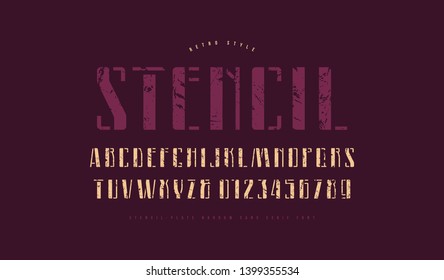 Stencil-plate narrow sans serif font. Letters and numbers with vintage texture for logo and label design