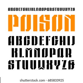 Stencil-plate narrow sanserif font. Extra bold face. Typeface design for titles and signs 