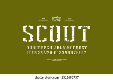 Stencil-plate narrow serif font in military style. Letters and numbers with vintage texture for logo and label design. White print on green background