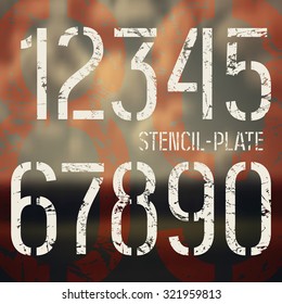 Stencil-plate numbers in military style with shabby texture. Medium face. Print on blurred background