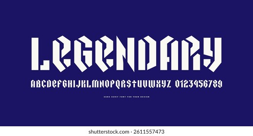 Stencil-plate sans serif font in black letter style. Letters and numbers for logo and emblem design. White print on blue background