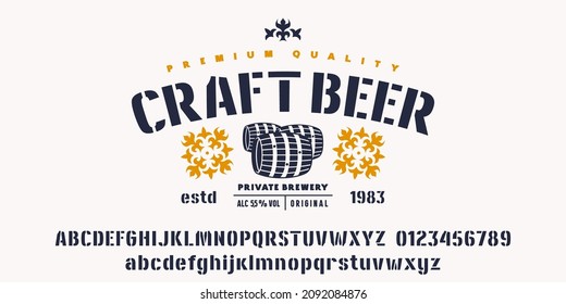 Stencil-plate sans serif font in classic style. Template label for craft beer. Lowercase and uppercase letters and numbers. Bold face. Vector illustration
