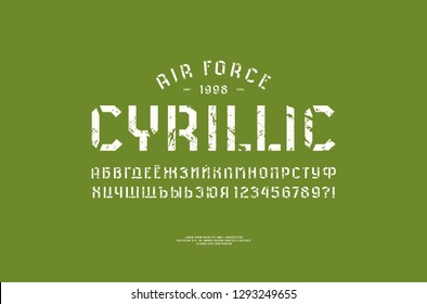 Stencil-plate sans serif font in military style. Cyrillic letters and numbers with vintage texture for logo and t-shirt design. White print on green background