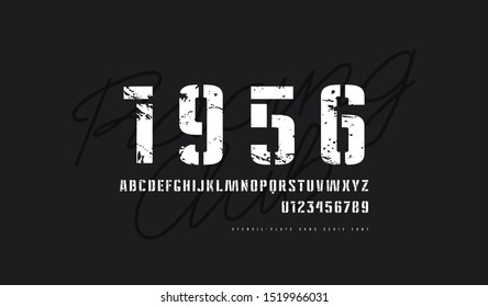 Stencil-plate sans serif font in military style. Letters and numbers with vintage texture for logo and label design. White print on black background