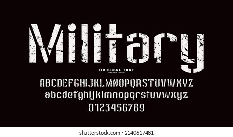 Stencil-plate sans serif font in military style. Letters and numbers with rough textured for logo and label design. Vector illustration. White print on black background