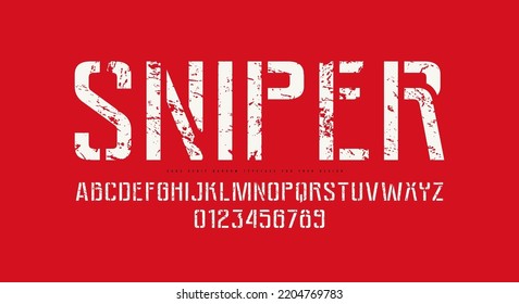 Stencil-plate sans serif Schriftart im militärischen Stil. Buchstaben und Zahlen mit Vintage-Textur für Logo und Emblem-Design. Vektorgrafik