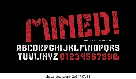 Stencil-plate sans serif font in the military style. Letters and numbers with rough texture for logo and emblem design. Color print on black background