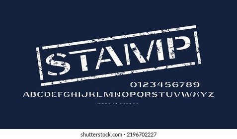 Stencil-plate sans serif font in retro style. Letters and numbers with rough texture for logo and label design. Isolated on white background