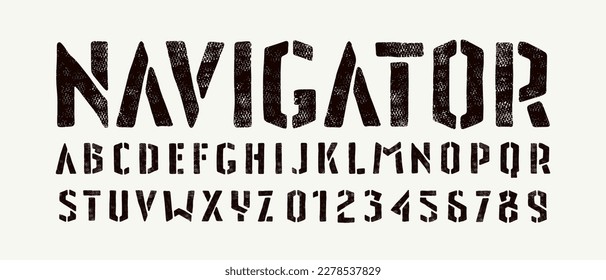 Stencil-plate sans serif font in the style of handmade graphics. Letters and numbers with rough texture for t-shirt and emblem design