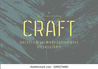 Stencil-plate sans serif font. Thin line face. Letters and numbers for logo and emblem design. Yellow print on old board texture background