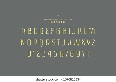 Stencil-plate sans serif font. Thin line face. Letters and numbers with rough texture for logo and emblem design. Yellow print on gray  background
