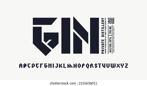 Stencil-plate sans serif font in viking style and template label for gin. Letters for logo and emblem design. Vector illustration