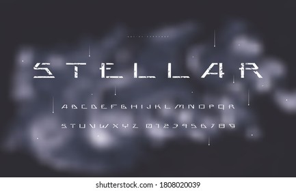 Stencil-plate sans serif futuristic font on blurred background. Letters and numbers with rough texture for sci-fi, military, cosmic logo and title design