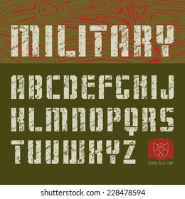 Stencil-plate sanserif font in military style with shabby texture