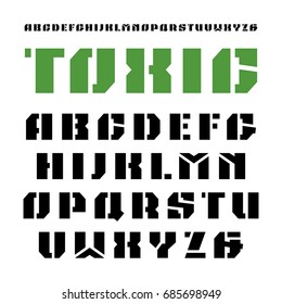 Stencil-plate sanserif font in military style. Bold face. Typeface design for titles and signs