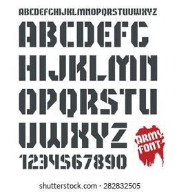 Stencil-plate sanserif font and numeral in military style. Black print on white background