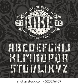 Stencil-plate sanserif font in sport style with shabby texture. White font on black texture background