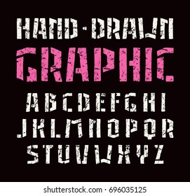 Stencil-plate sanserif font the style of handmade graphics. Letters with rough texture