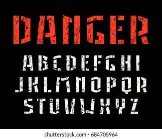 Stencil-plate sanserif font. Typeface design for titles and signs. Letters with shabby texture