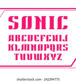 Stencil-plate serif font bold geometric constructed. Pink font on a white background