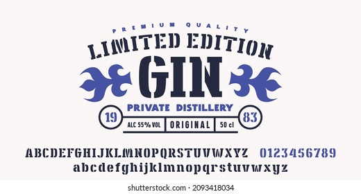 Stencil-plate serif font in classic style. Template label for gin. Lowercase and uppercase letters and numbers. Bold face. Vector illustration