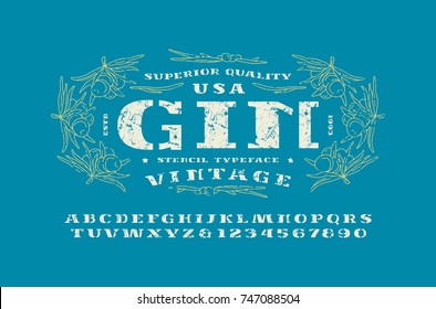 Stencil-plate serif font and gin label template. Letters and numbers with rough texture for logo and title design. Print on blue background