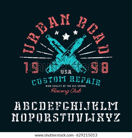 Stencil-plate serif font and graphic design for t-shirt. Letters with shabby texture. Color print on black background