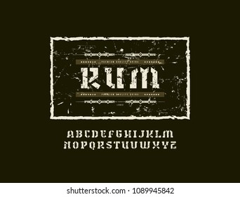 Stencil-plate serif font in military style. Template for rum label. Letters with rough texture for logo, label and signboard design. Color print on black background