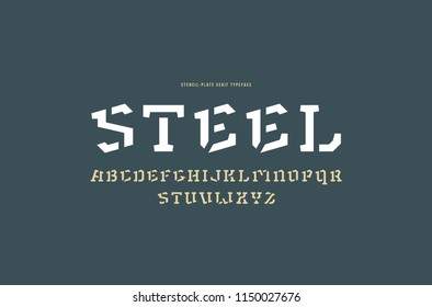Stencil-plate serif font in military style. Letters for logo and emblem design. Print on gray background