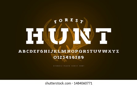 Stencil-plate serif font in military style. Bold face. Letters and numbers for logo and label design