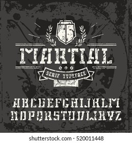 Stencil-plate serif font in military style with shabby texture. White font on black texture background