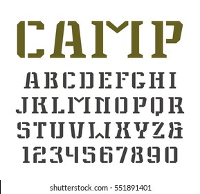 Stencil-plate serif font and numerals in military style. Isolated on white background
