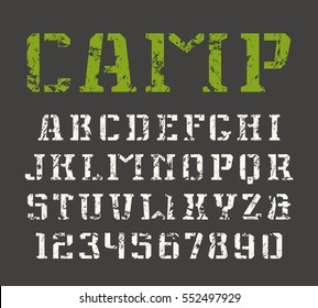 Stencil-plate serif font and numerals in military style with shabby texture. Print on black background