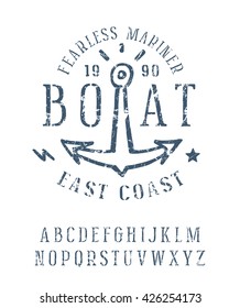 Stencil-plate serif font with rough edges. Graphic design for t-shirt. Blue print with shabby texture on white background