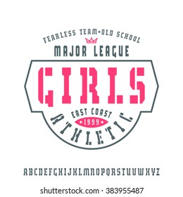 Stencil-plate serif font in sport style. Graphic design for t-shirt. Color print on white background