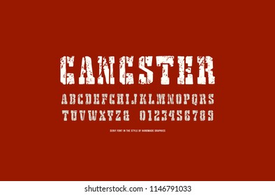 Stencil-plate serif font in the style of handmade graphics. Letters and numbers with rough texture for emblem design. Print on red background