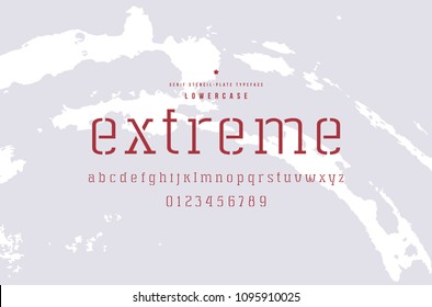 Stencil-plate serif font. Thin line face. Lowercase letters and numbers for logo and emblem design. Red print on light texture background
