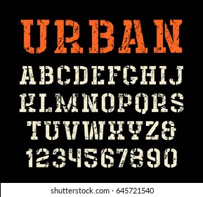 Stencil-plate serif font in urban style. Letters with shabby texture. Print on black background