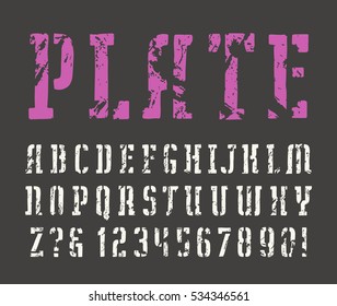 Stencil-plate slab serif font in the style of handmade graphics with shabby texture. Print on black background