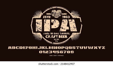 Stencil-plate wide bold sans serif font in military style. Letters and numbers with vintage texture for logo and emblem design. White print on black background