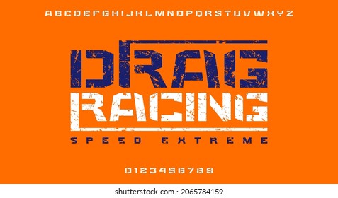 Stencil-plate wide sans serif font in military style. Drag racing emblem. Letters and numbers with vintage texture for strong logo design. Vector illustration