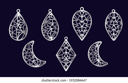 Stencils of earrings of various shapes with openwork patterns. Cutting