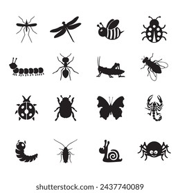 Stencils of insect species. Cockroach, ladybug, mosquito, fly, snail, bee. Set of vector silhouettes EPS 10